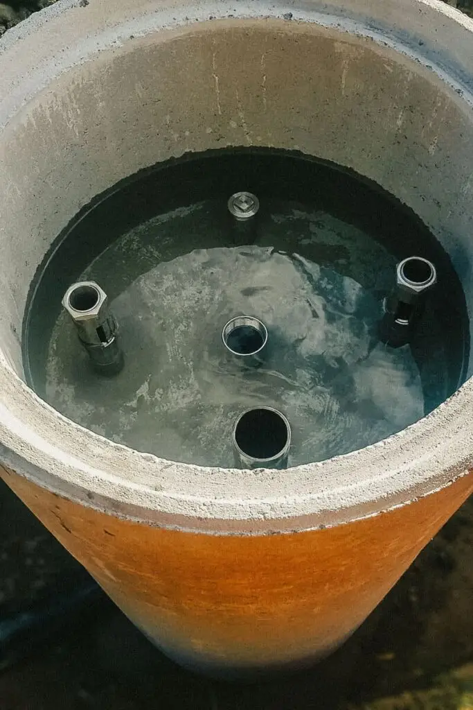 Wasserfassung ist bereit zur Entnahme von Wasser aus einer Quelle und wird mit Rohrleitungen verbunden, um das Wasser in ein Leitungssystem zu leiten.